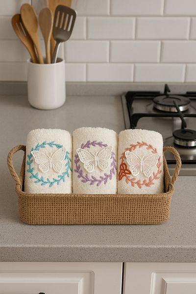 AYHANHOME Set de prosoape de bucătărie 30x50, 3 piese, cadou pentru zestre, cu model de fluturi 3D într-un coș de răchită