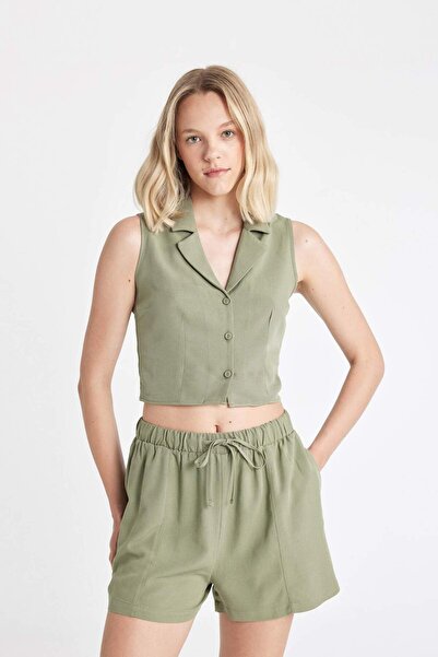 DeFacto Fitted Pijama Yaka Keten Karışımlı Kolsuz Gömlek A6858AX24HS