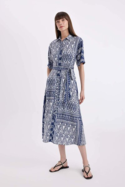 DeFacto A-Line Shirt Neck Print Short Sleeve Midi Dress with Belt D4575Ax24Hs