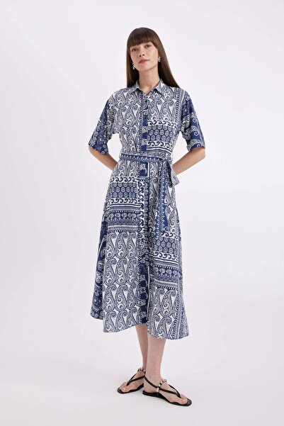 DeFacto A-Line Shirt Neck Print Short Sleeve Midi Dress with Belt D4575Ax24Hs