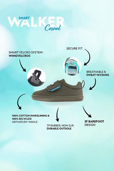 HOPFRÖG Smart Walker Casual - Παιδικά παπούτσια Khaki Barefoot, Super Matte