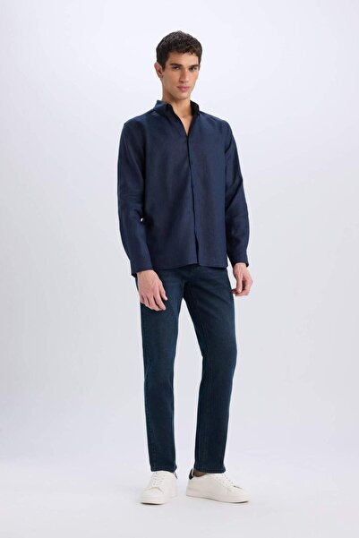 DeFacto %100 Keten Regular Fit Polo Yaka Yazlık Basic Düz Uzun Kollu Gömlek C1825AX24SM