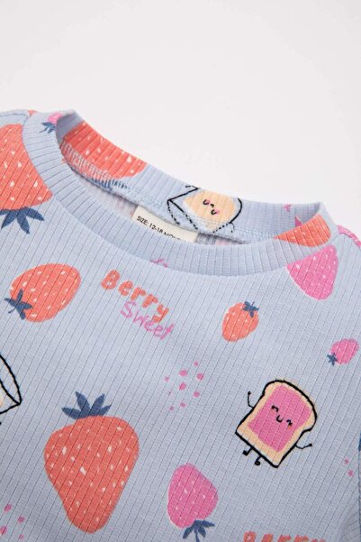 DeFacto Kız Bebek Pijama Takımı Fitilli Kaşkorse Desenli Kısa Kollu Üst Uzun Alt C3477A524SM