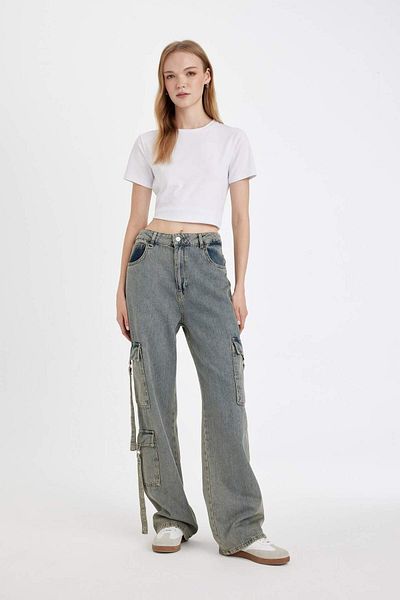 DeFacto Pantaloni largi cargo cu talie înaltă, lungi, moale, lavabili C9325AX24HS