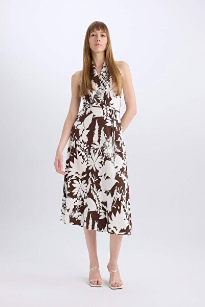 DeFacto Αμάνικο μίντι φόρεμα με μοτίβο λινό C9578AX24SM