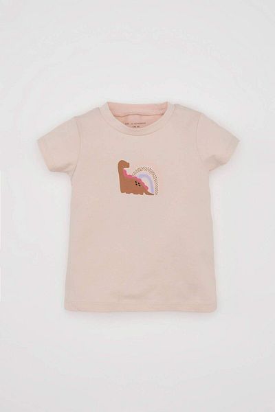 DeFacto Set de 2 piese tricou cu imprimeu dinozaur și salopetă cu vafe pentru fetițe - mânecă scurtă C9491a5pn212