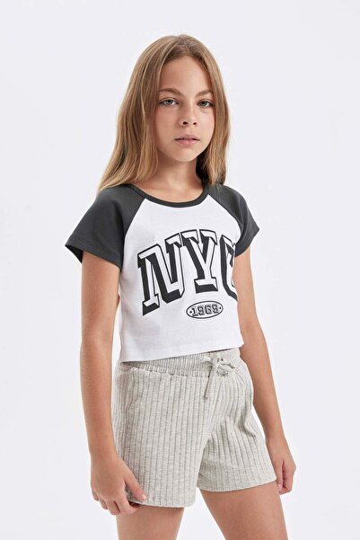 DeFacto Girl - Crop Crew Neck Printed T-Shirt C4452A824SM
