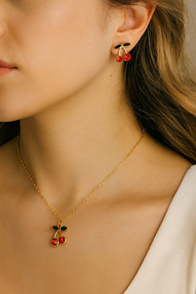 NAS fashion Women's Gold Color Cherry Model Earrings and Necklace Set Stone Detailed Elegant Set