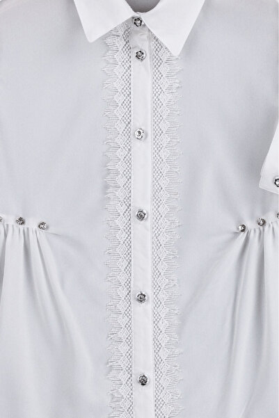 Elayza Дівчача сорочка з кришталевими камінцями та мереживною обробкою спереду, з підібраним поясом, біла сорочка / 23 квітня, шкільна сорочка