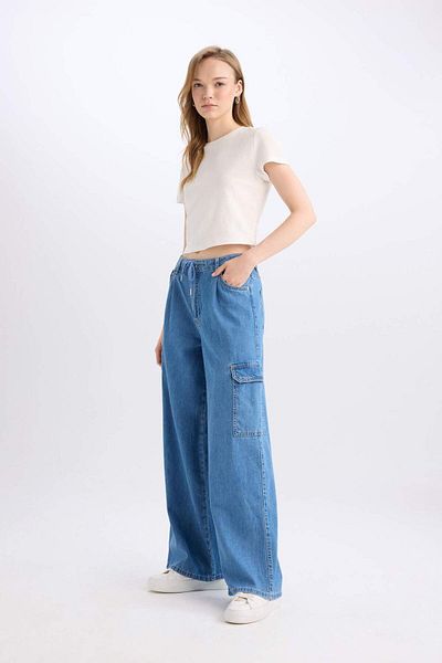 DeFacto Pantaloni cargo cu talie înaltă, lungi, moale, cu picioare largi C1244AX24SM