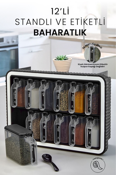 Kitchen Life 12'li Kendinden Yapışkanlı Kaşıklı Standlı Baharatlık Takımı Kapaklı Kulplu Etiketli Baharatlık Seti