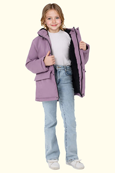 freemen Spor Kız Kürklü Çocuk Lila Su Ve Rüzgar Geçirmez Kapüşonlu 3 Cep Mont...