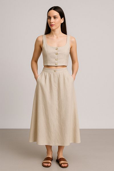 My Blog Stone Cotton Button Detailed Crop Vest Skirt Suit - 8361