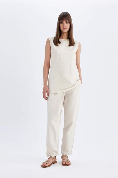 DeFacto Regular Fit Crew Neck Basic Plain Linen Blend Sleeveless Tunic D2953Ax24Hs