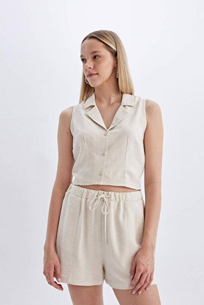 DeFacto Fitted Pijama Yaka Keten Karışımlı Kolsuz Gömlek A6858AX24HS