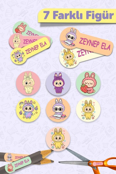MSticker Okul Etiketi Kalem Defter isimli Etiket Isim Yazılabilen Labubo - 190 Adet Kişiye Özel Tasarım
