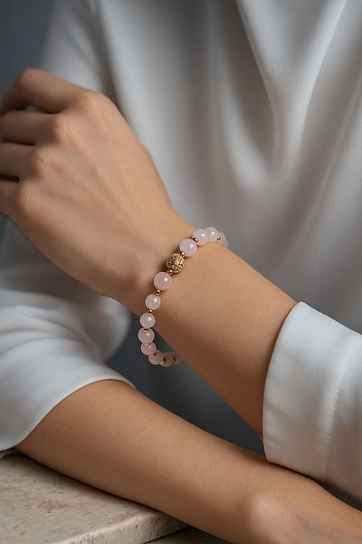 OSMANLI DEĞERLİ TAŞ Certified Pink Quartz-Hematite Natural Stone Bracelet with Zircon Apparatus 6-8 mm