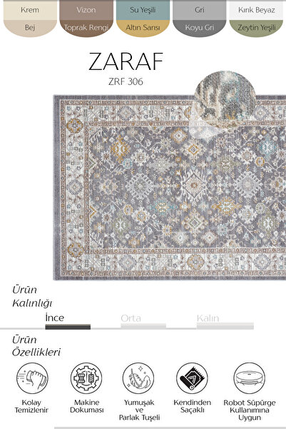 Cool Halı Zaraf Light Gray Ethnic Pattern Machine Made Vintage Carpet Modern Living Room Hall Thin Summer Rug