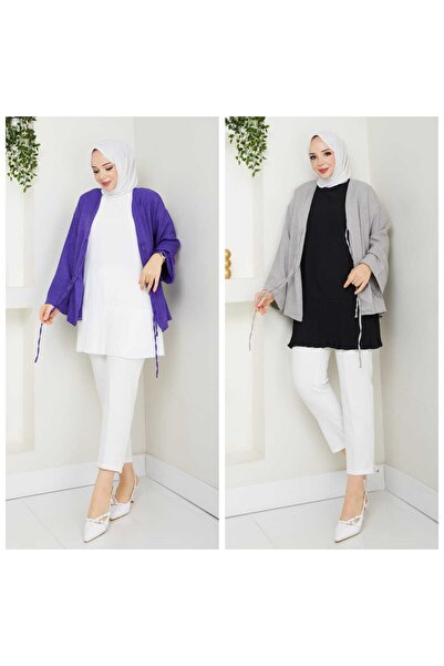 fh fashionhere Kadın Tesettür Kolsuz 2'li Paket Siyah Ekru Piliseli Içlik Gömlek Tunik Bluz Pliseli Pileli