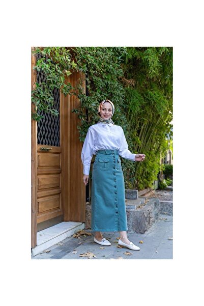 VELLICHOR Full Buttoned Hem Pocket Hijab Skirt Antique Turquoise Green
