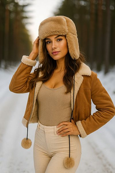 Luminos Butik Pălărie de pluș pentru femei cu pompon din blană de cămilă - cu căști pentru urechi, beretă Beret1103
