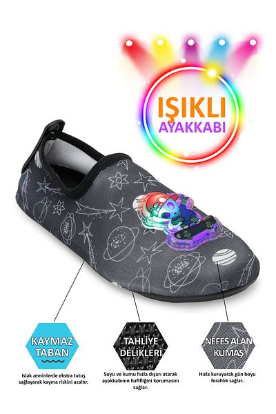 Peluche Lighted Alien Detailed Non-Slip Sole Flexible Lightweight Durable Children's Pool Beach Sea Shoes