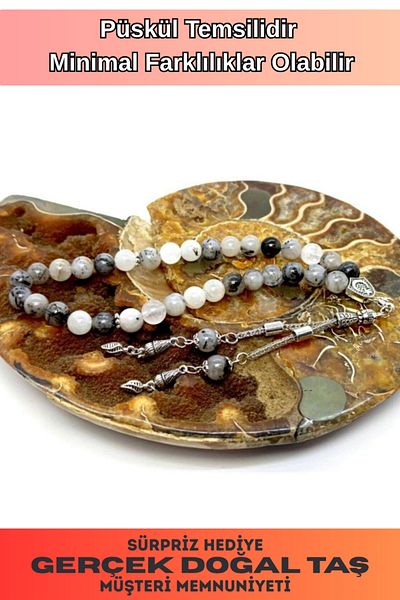 OSMANLI GÜMÜŞ Natural Stone Rosary - Rutile Quartz Natural Stone Metal Tassel Rosary
