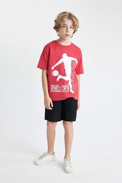 DeFacto Set de 2 bucăți pentru băieți, tricou cu mânecă scurtă, cu decolteu, cu imprimeu, pantaloni scurți D1162A824HS