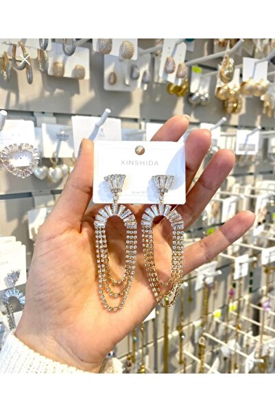 Lilyum Aksesuar Tek Taş Model Sallantılı Altın Renk Büyük Boy Zirkon Taşlı Küpe