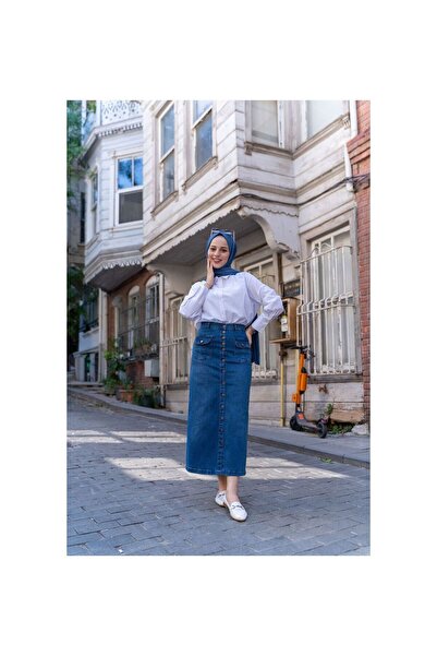 VELLICHOR Hosszú gombos, fújtató zsebes hidzsáb szoknya sötétkék