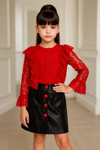 elfanto kıds Girl's skirted leather skirt lace shuttle set 3 pieces