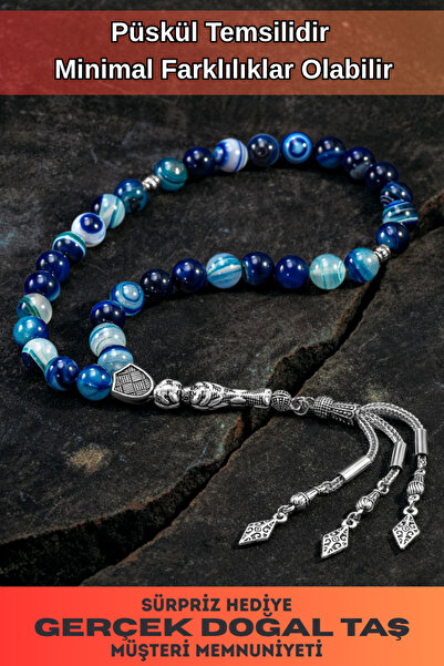 OSMANLI GÜMÜŞ مسبحة من الحجر الطبيعي - مسبحة من حجر العقيق الأزرق الداكن الطب...