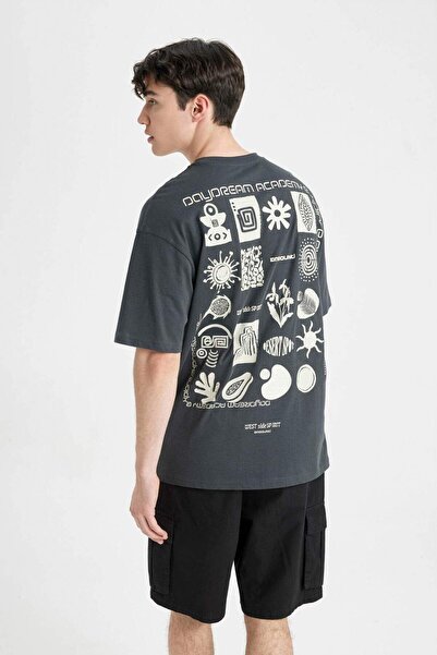 DeFacto 100% βαμβακερό Comfort Regular Fit Άνετη εφαρμογή Crew Neck με εμπριμέ κοντομάνικο μπλουζάκι C4085AX24SM