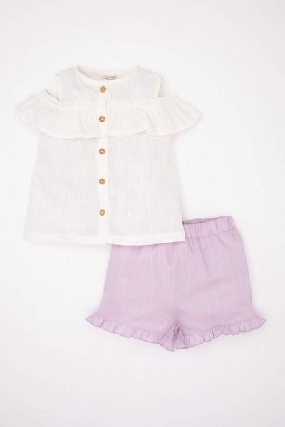 DeFacto Set 2 bucăți pentru fetiță, bluză cu volane, fără mâneci, poplin, pantaloni scurți C9522A524SM