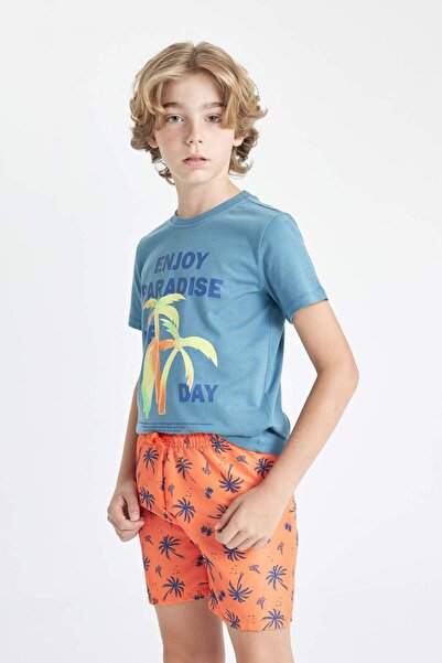 DeFacto Palm Printed 2-Piece Set for Boy - Short Sleeve T-Shirt and Swim Shorts C6300A824Hs