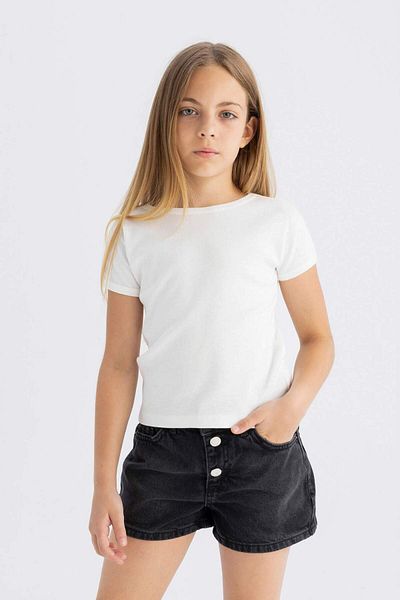 DeFacto Girls Slim Fit Slim Fit Crew Neck Basic Solid Ribbed Camisole Short Sleeve T-Shirt B3053A824Sm