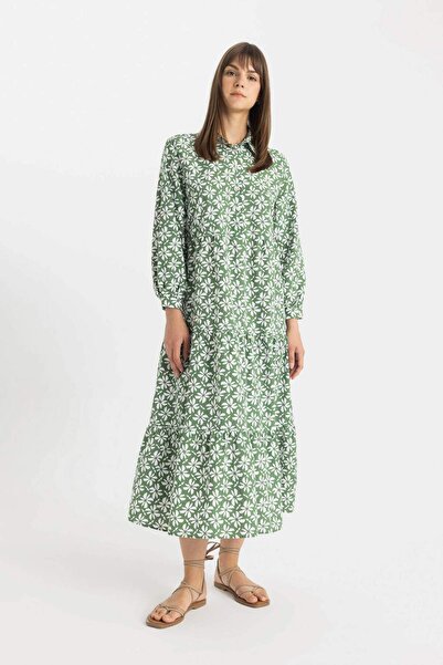 DeFacto Relax Fit πουκάμισο με μοτίβο γιακά μακρυμάνικο μάξι φόρεμα D0569AX24HS