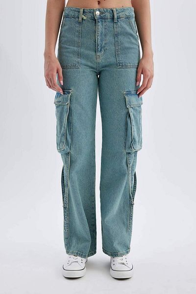 DeFacto Blugi lungi cu talie înaltă - Pantaloni cargo cu picioare largi D1228AX24HS