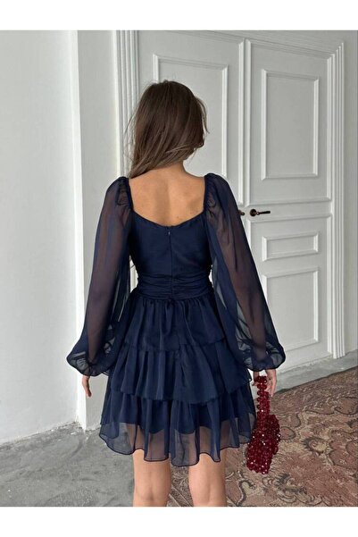 MAXMOOR Kadın Lacivert  Fırfırlı Kısa Şifon Tül Elbise