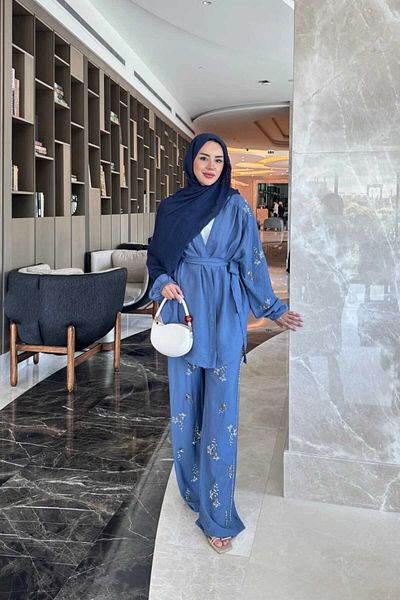 Safgiyim44 Embroidered Kimono Suit-Indigo