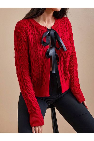 tofan Women's Red Knitted Crop Cardigan - Ribbon Detail