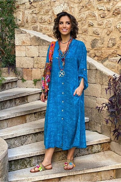 Nevin Kaya Moda 100% Cotton Viscose Turquoise Shirt Dress