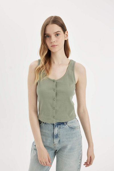 DeFacto Fitted U-Neck Ribbed Camisole Buttoned Tank Top D1173Ax24Sm