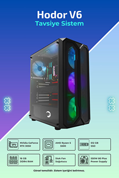 İncehesap Hodor V6 R5-5500 16GB 512GB SSD 6GB RTX3050 FreeDos Masaüstü Oyuncu...