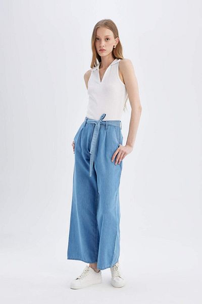 DeFacto Wide Leg High Waist Belted Wide Leg Long Jean Pants D2433Ax24Sm