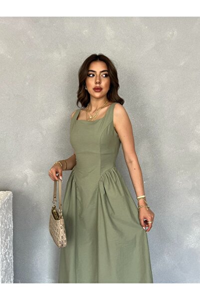 Nesil Kare Yaka Kalın Askılı Uzun Boy Yandan Büzgü Detaylı Airobin Günlük Elbise