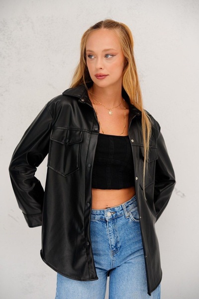 İLKCET MODA Γυναικείο πουκάμισο από συνθετικό δέρμα διπλής τσέπης