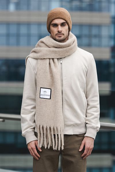 Nordbron Women's Beige Plain Scarf Tassel Detailed Shawl Textured Knitwear Soft Thick Long Winter Seasonal Norgard