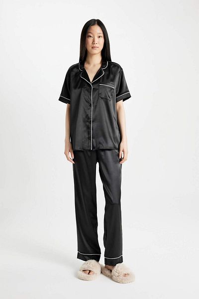 DeFacto Satin Pajama Set - Short Sleeve, Top and Long Bottom D0916Ax24Sm