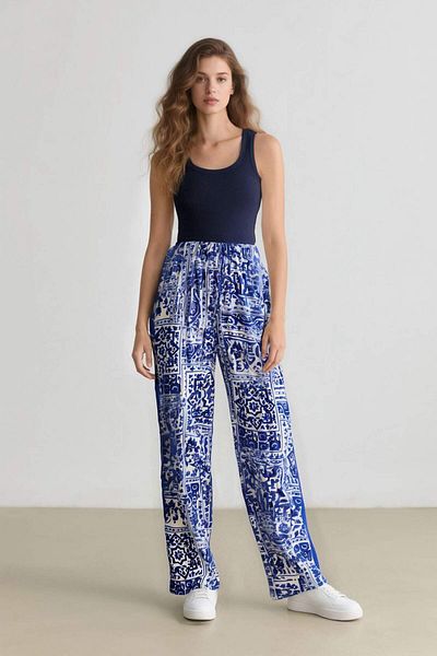 DeFacto High Waist Print Pocket Wide Leg Maroken Trousers - C8888Ax24Sm